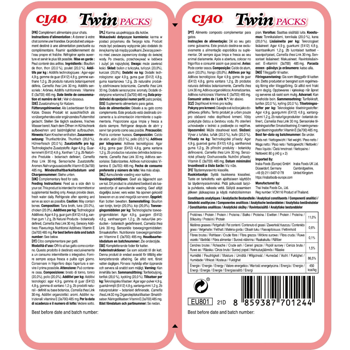 INABA Ciao Twin Packs, Ton și Pui, plic hrană umedă fără cereale pisici, (topping), 80g - poza 3