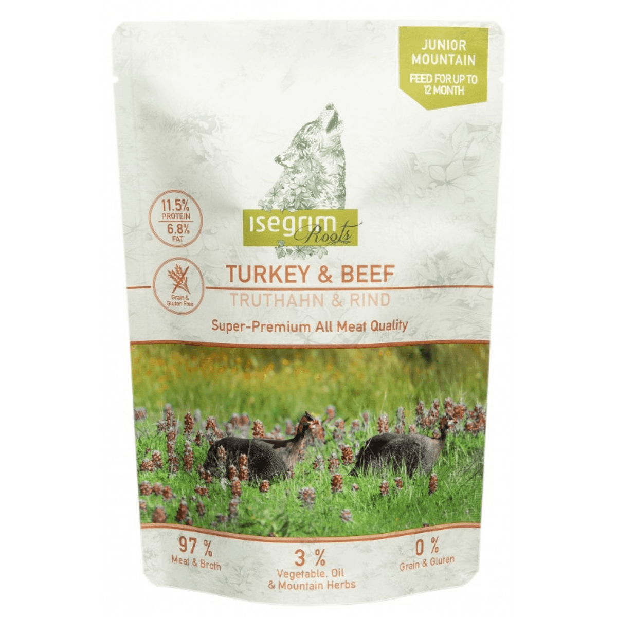 ISEGRIM, XS-XL, Curcan și Vită, plic hrană umedă fără cereale câini junior, (în sos), 410g - poza 2