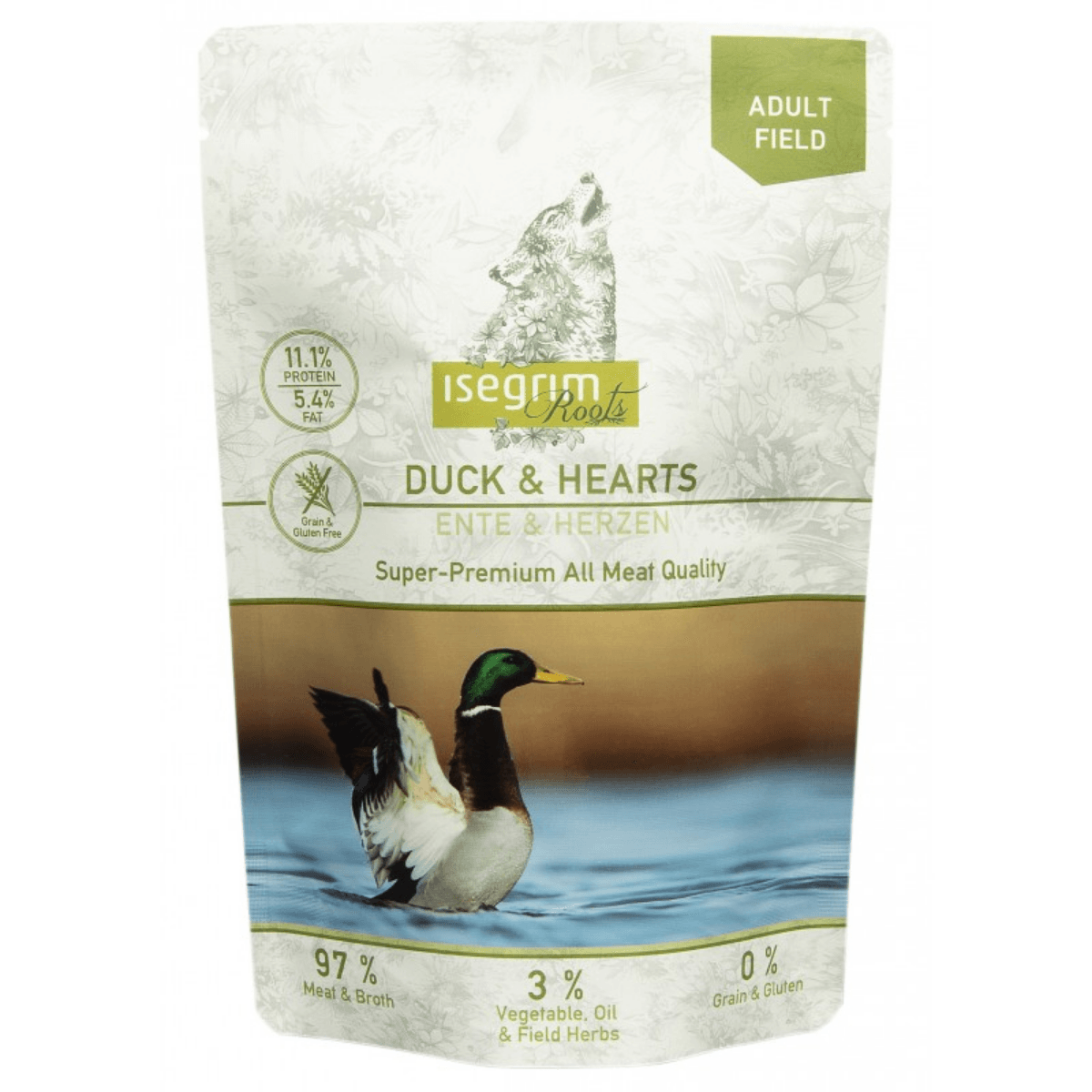 ISEGRIM, XS-XL, Rață și Inimă, plic hrană umedă fără cereale câini, (în sos), 410g - poza 1