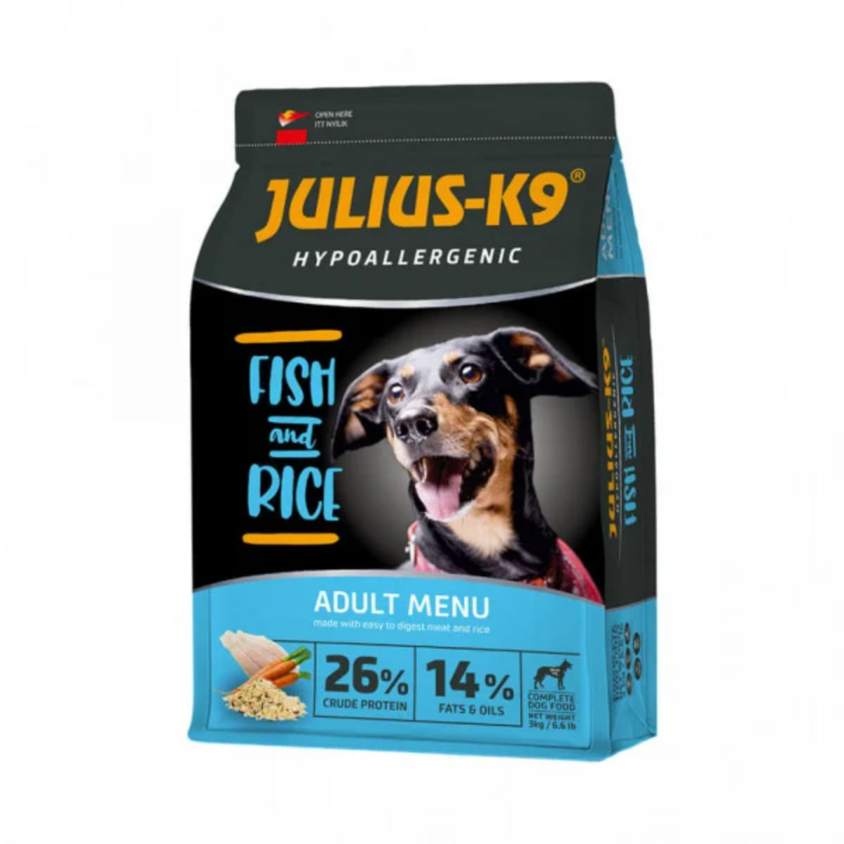 JULIUS-K9 Hypoallergenic Adult Menu, XS-XL, Pește și Orez, hrană uscată câini, alergii, 3kg - poza 1