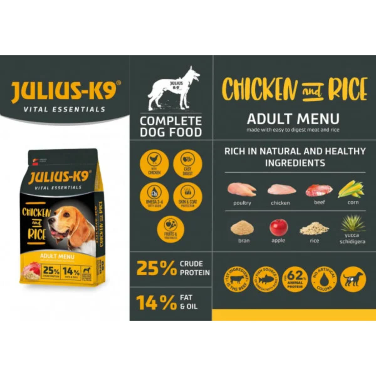 JULIUS-K9 Hypoallergenic Adult Menu, XS-XL, Pui și Orez, hrană uscată câini, alergii, 12kg - poza 3