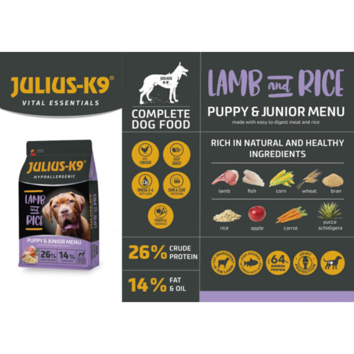 JULIUS-K9 Hypoallergenic Puppy&Junior Menu, XS-XL, Miel și Orez, hrană uscată câini junior, alergii, 12kg - poza 3