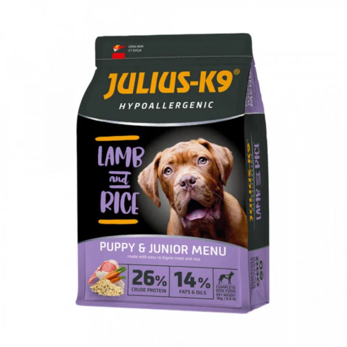 JULIUS-K9 Hypoallergenic Puppy&Junior Menu, XS-XL, Miel și Orez, hrană uscată câini junior, alergii, 3kg - poza 1