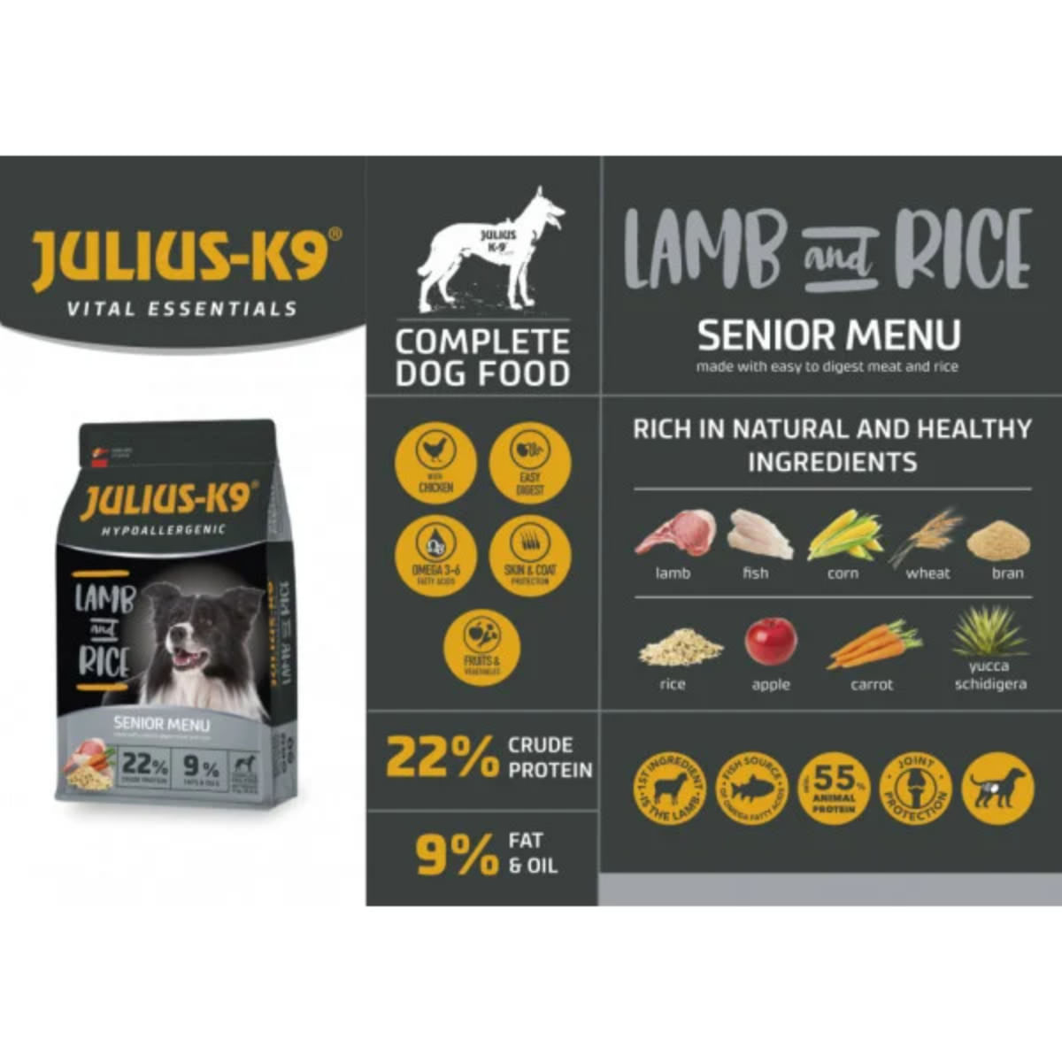 JULIUS-K9 Hypoallergenic Senior Menu, XS-XL, Miel și Orez, hrană uscată câini senior, alergii, 3kg - poza 3
