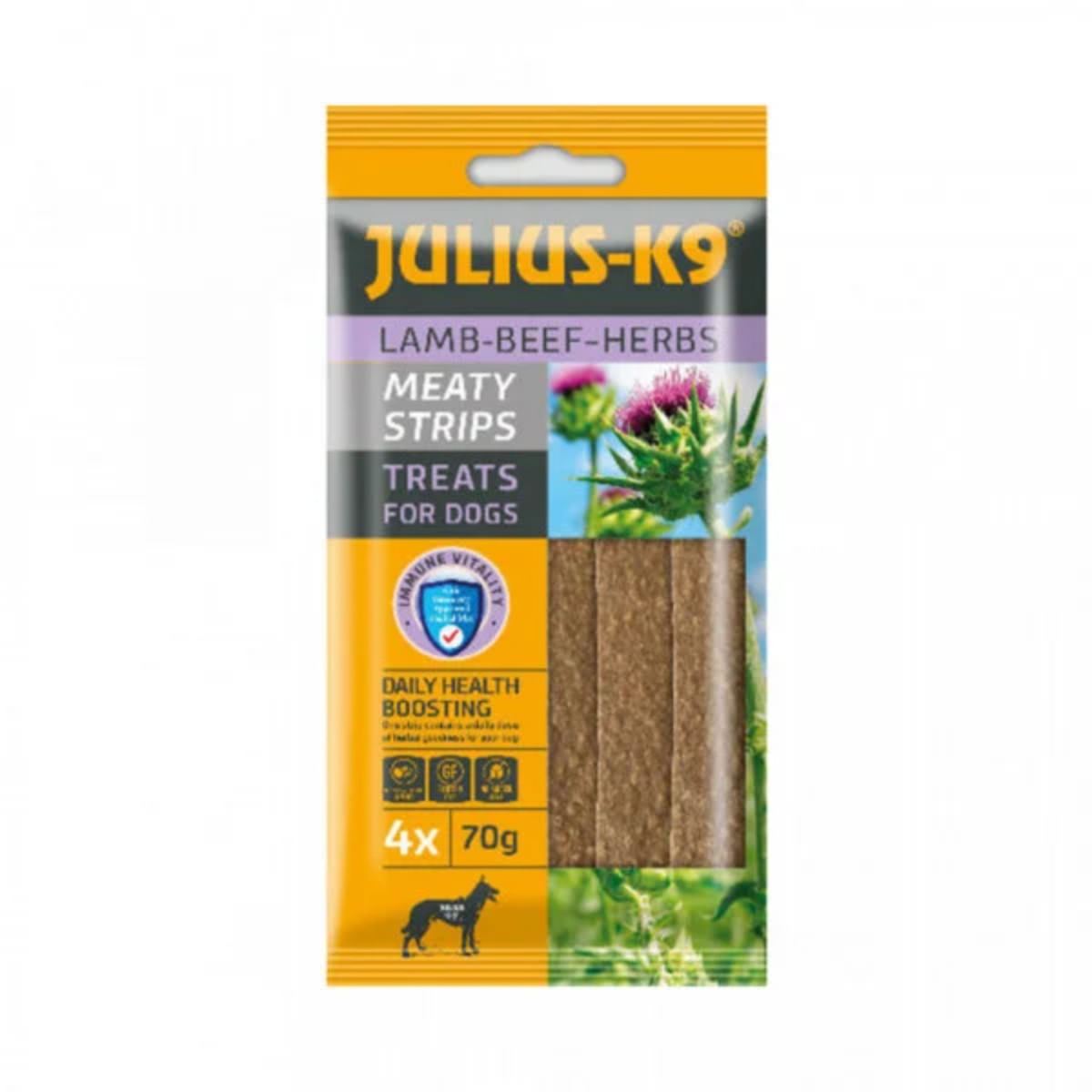 JULIUS-K9 Meaty Strips, XS-XL, Miel și Vită, punguță recompense fără cereale câini, 70g - poza 1