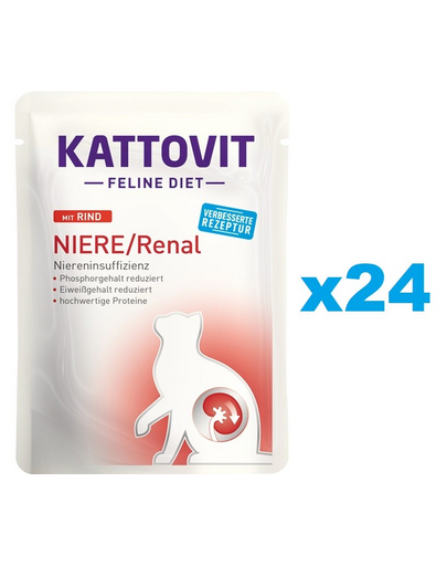KATTOVIT Feline Diet Niere/Renal Beef hrana umeda dietetica pentru pisici cu afectiunile ale rinichilor, cu vita 24 x 85 g
