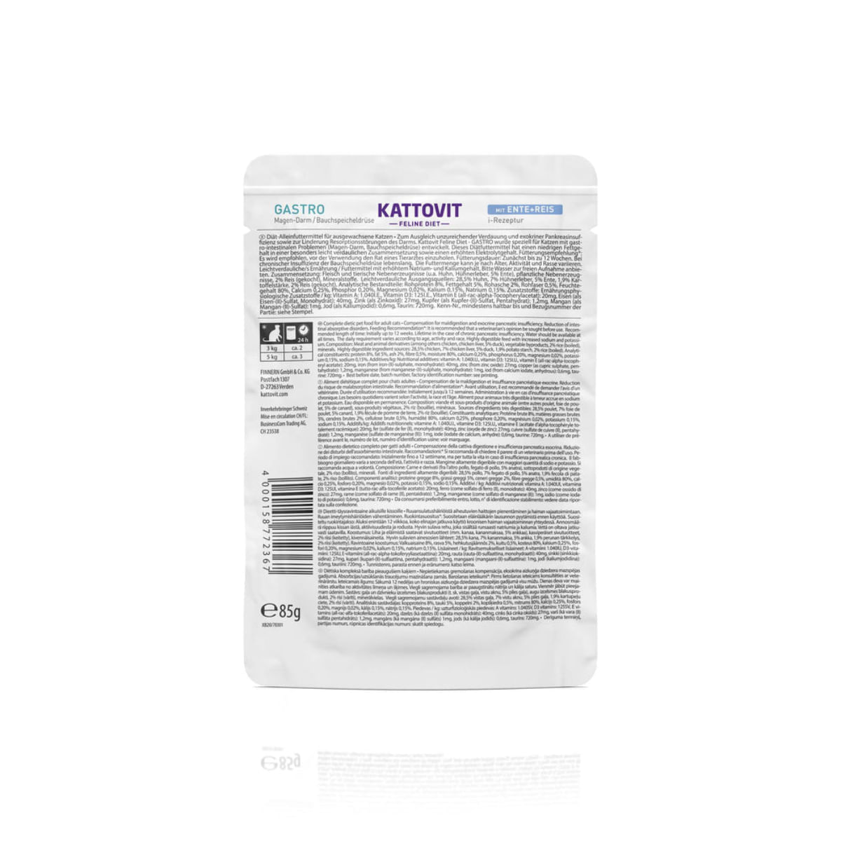 KATTOVIT Gastro, Rață și Orez, dietă veterinară, plic hrană umedă pisici, sistem digestiv, (în sos), 85g - poza 5