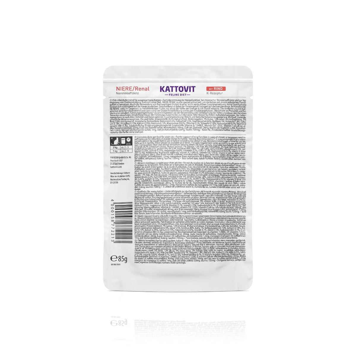 KATTOVIT Renal, Vită, dietă veterinară, plic hrană umedă pisici, sistem renal, (în sos), 85g - poza 4
