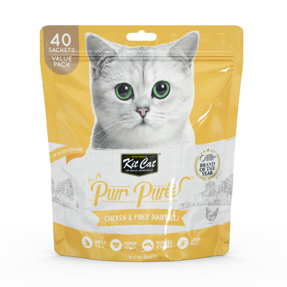 KIT CAT Purr Puree Hairball, Pui, plic, punguță recompense fără cereale pisici, limitarea ghemurilor de blană, (piure), multipack, 15g x 40buc - poza 1