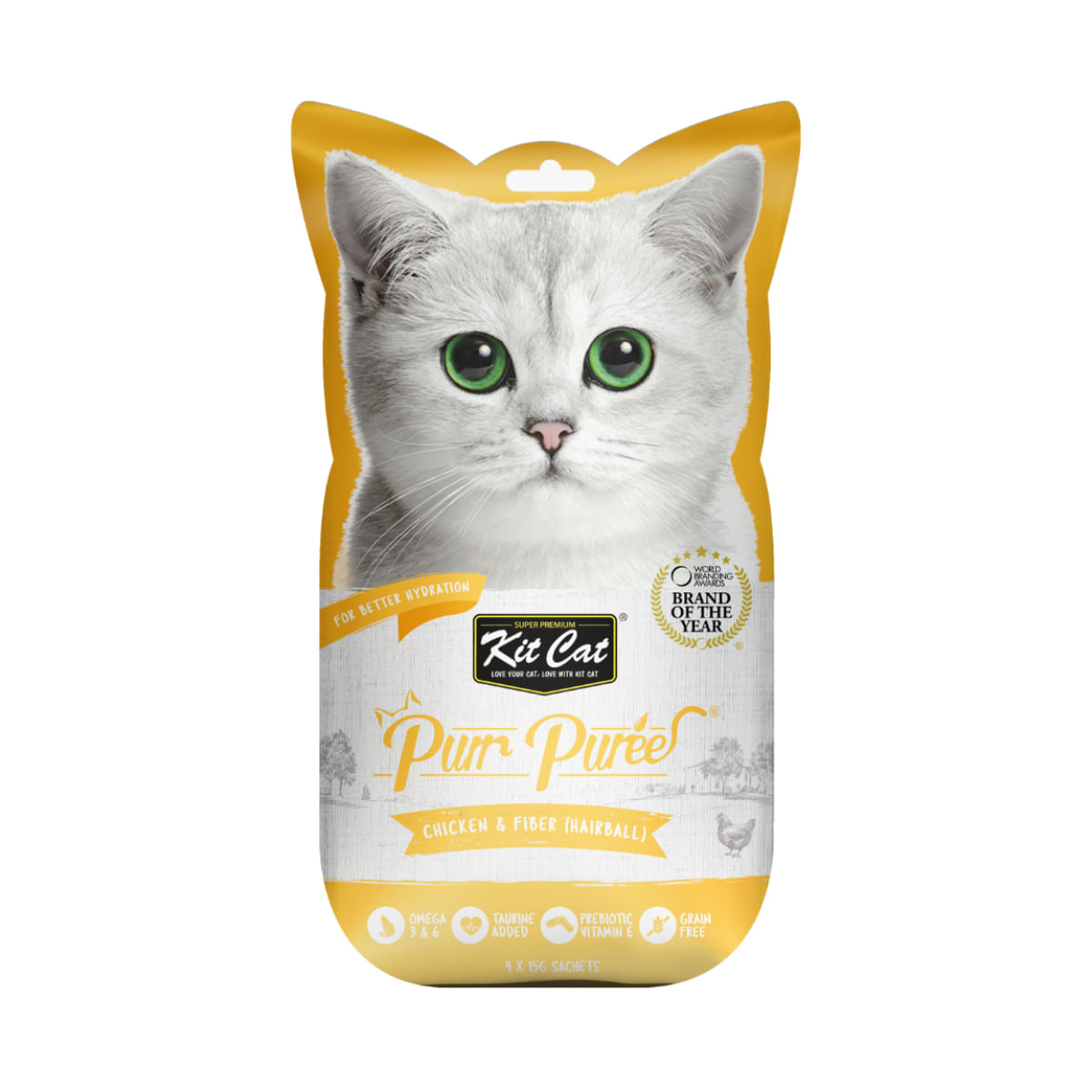 KIT CAT Purr Puree Hairball, Pui, plic, punguță recompense fără cereale pisici, limitarea ghemurilor de blană, (piure), 15g x 4buc - poza 1