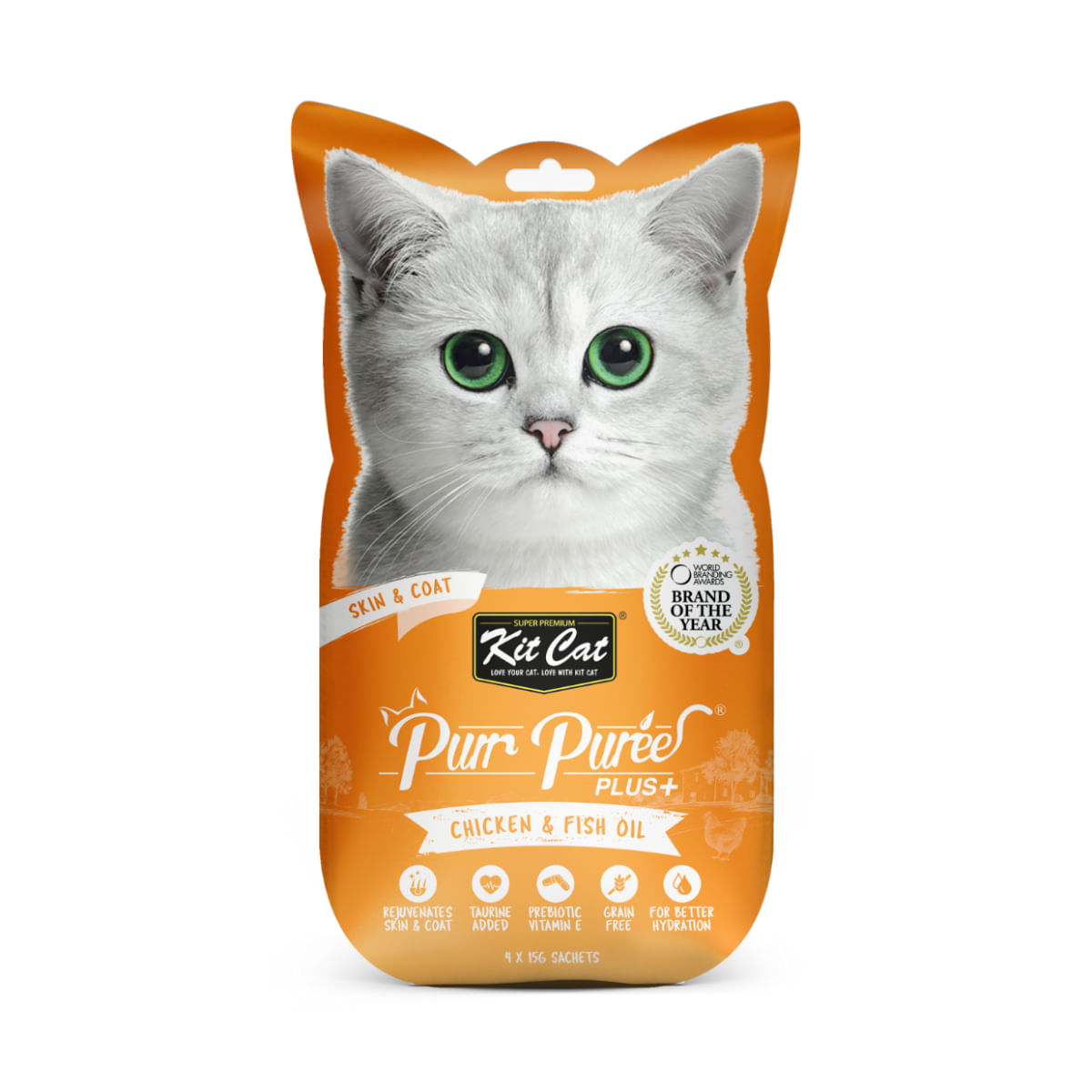 KIT CAT Purr Puree Plus Skin & Coat, Pui, plic, punguță recompense funcționale fără cereale pisici, piele & blană, 15g x 4buc - poza 1
