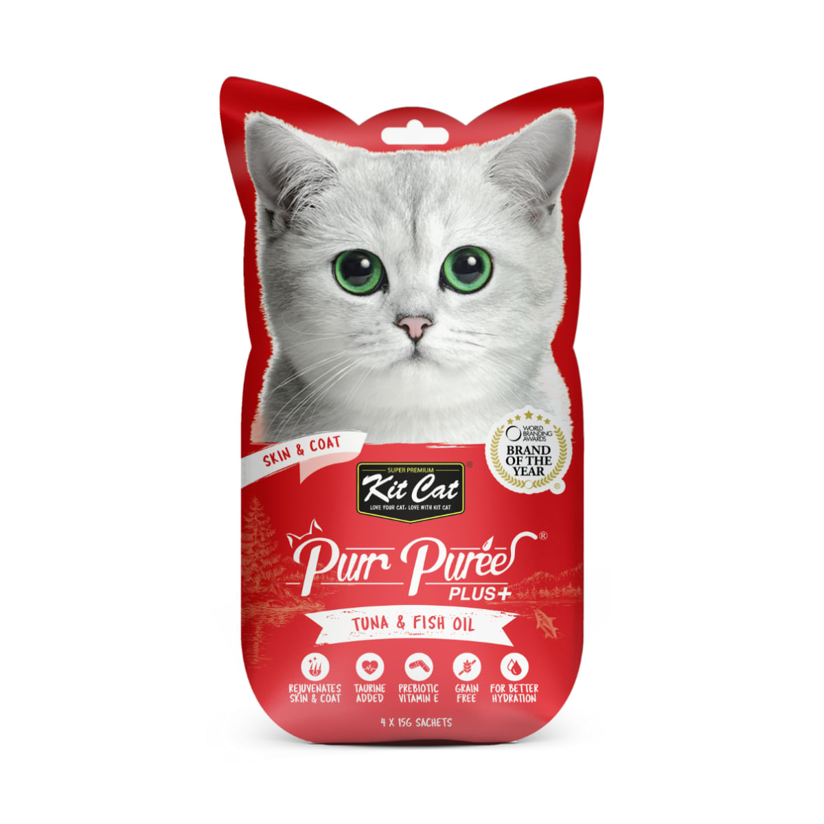 KIT CAT Purr Puree Plus Skin & Coat, Ton, plic, punguță recompense funcționale fără cereale pisici, piele & blană, (piure), 15g x 4buc - poza 1
