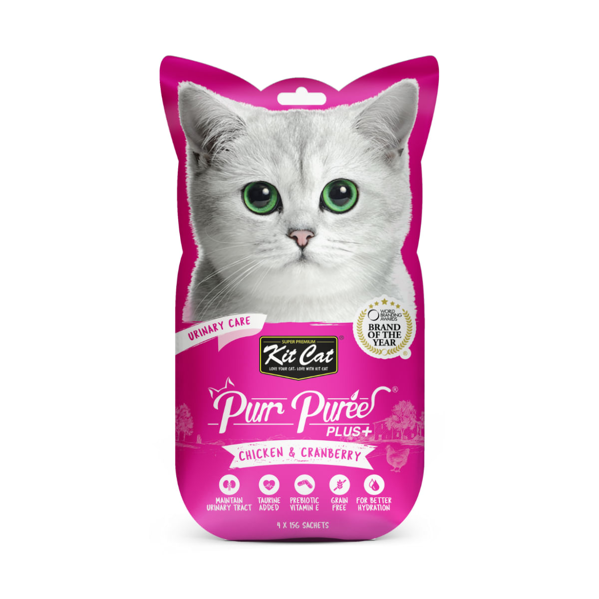 KIT CAT Purr Puree Plus Urinary Care, Pui, plic, punguță recompense funcționale fără cereale pisici, sistem urinar, (piure), 15g x 4buc - poza 1