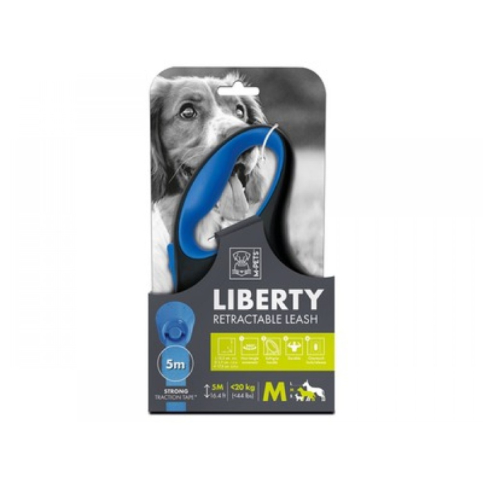 Lesa retractabila banda pentru caini, LIBERTY M-PETS, albastra M, 5m, 20 kg