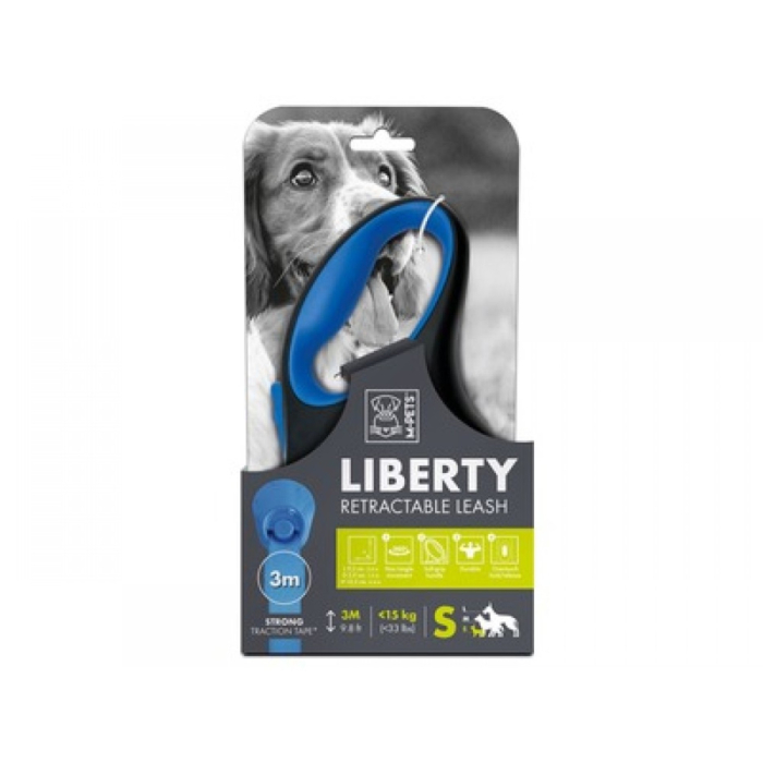 Lesa retractabila banda pentru caini, LIBERTY M-PETS, albastra S, 3m, 15 kg