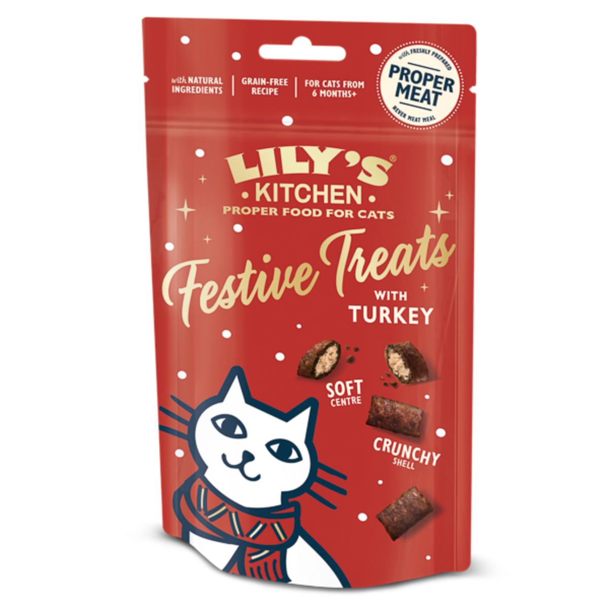 LILY'S KITCHEN Christmas Festive Pillow Treats, Curcan, punguță recompense fără cereale pisici, 60g - poza 1