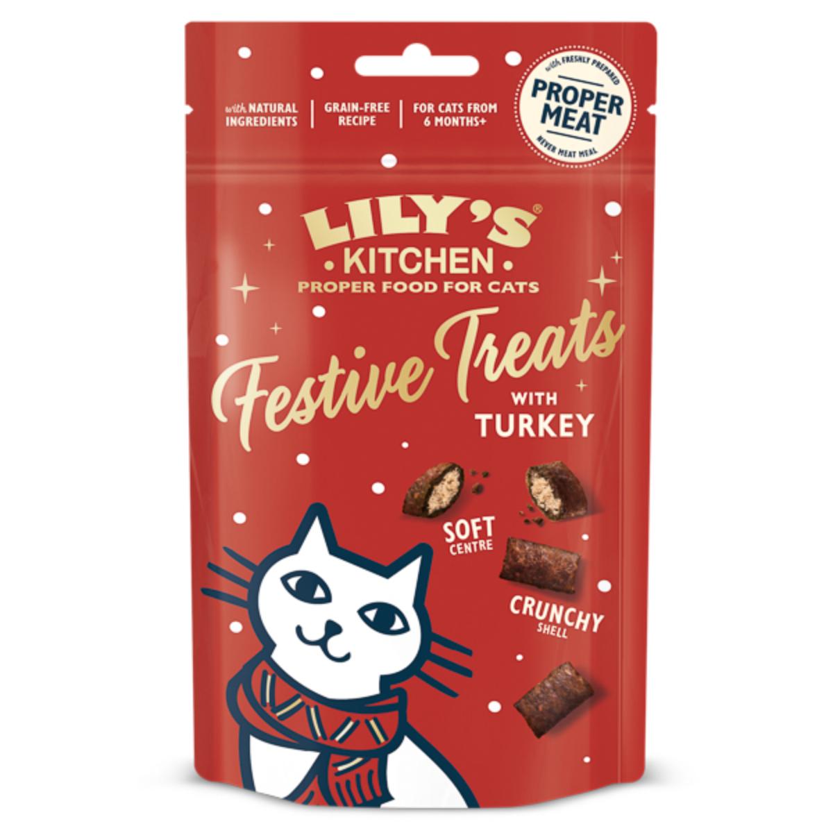LILY'S KITCHEN Christmas Festive Pillow Treats, Curcan, punguță recompense fără cereale pisici, 60g - poza 3