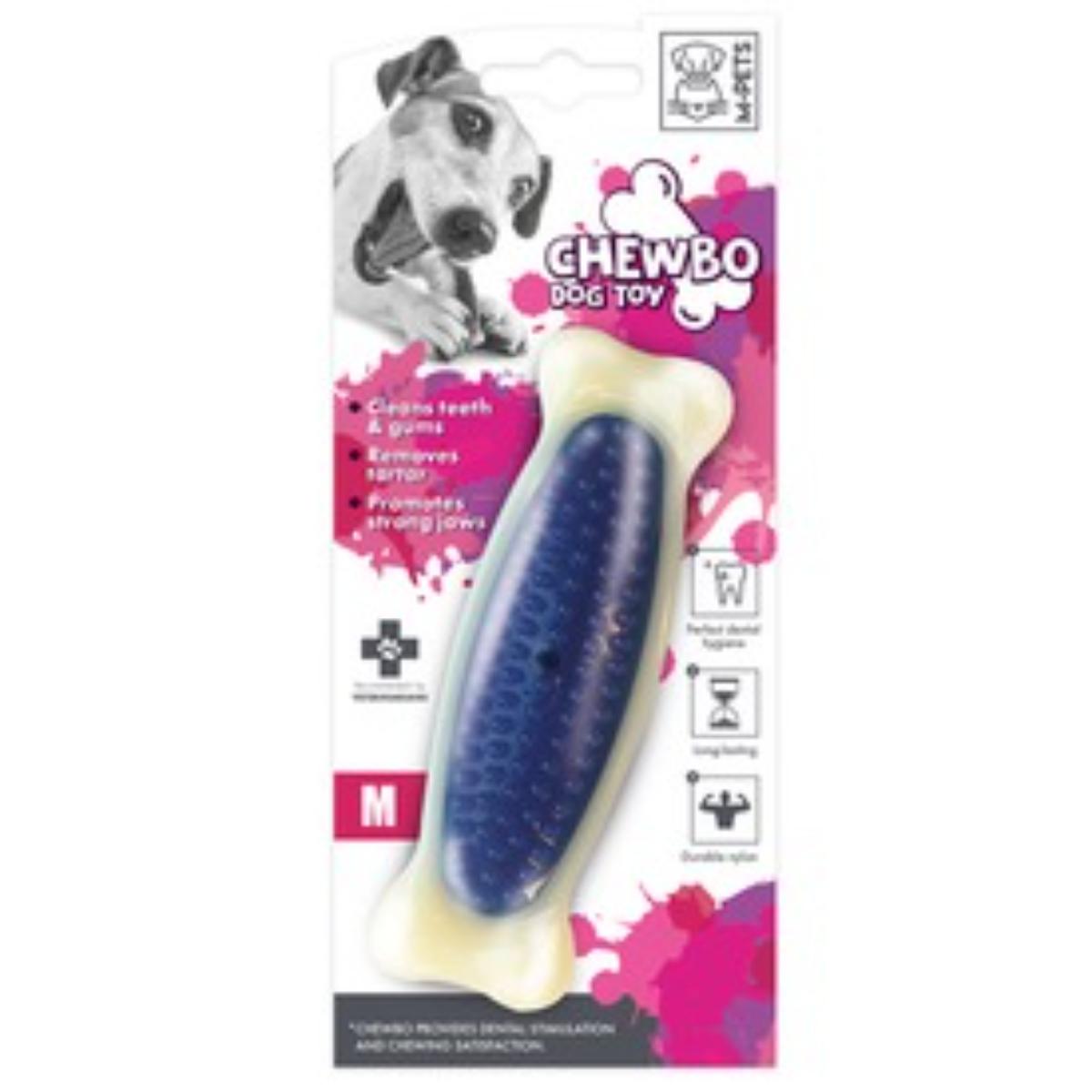 M-PETS Chewbo Bone, jucărie de ros, aromă Bacon, câini, dentiție, cauciuc M-PETS Chewbo Bone, jucărie de ros, aromă Bacon, câini S-M, dentiție, cauciuc, alb și albastru, 14cm - poza 1