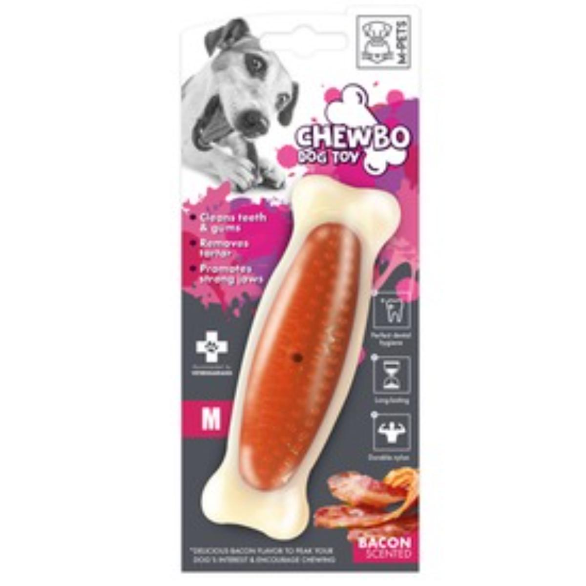 M-PETS Chewbo Bone, jucărie de ros, aromă Bacon, câini, dentiție, cauciuc M-PETS Chewbo Bone, jucărie de ros, aromă Bacon, câini S-M, dentiție, cauciuc, alb și portocaliu, 14cm - poza 1