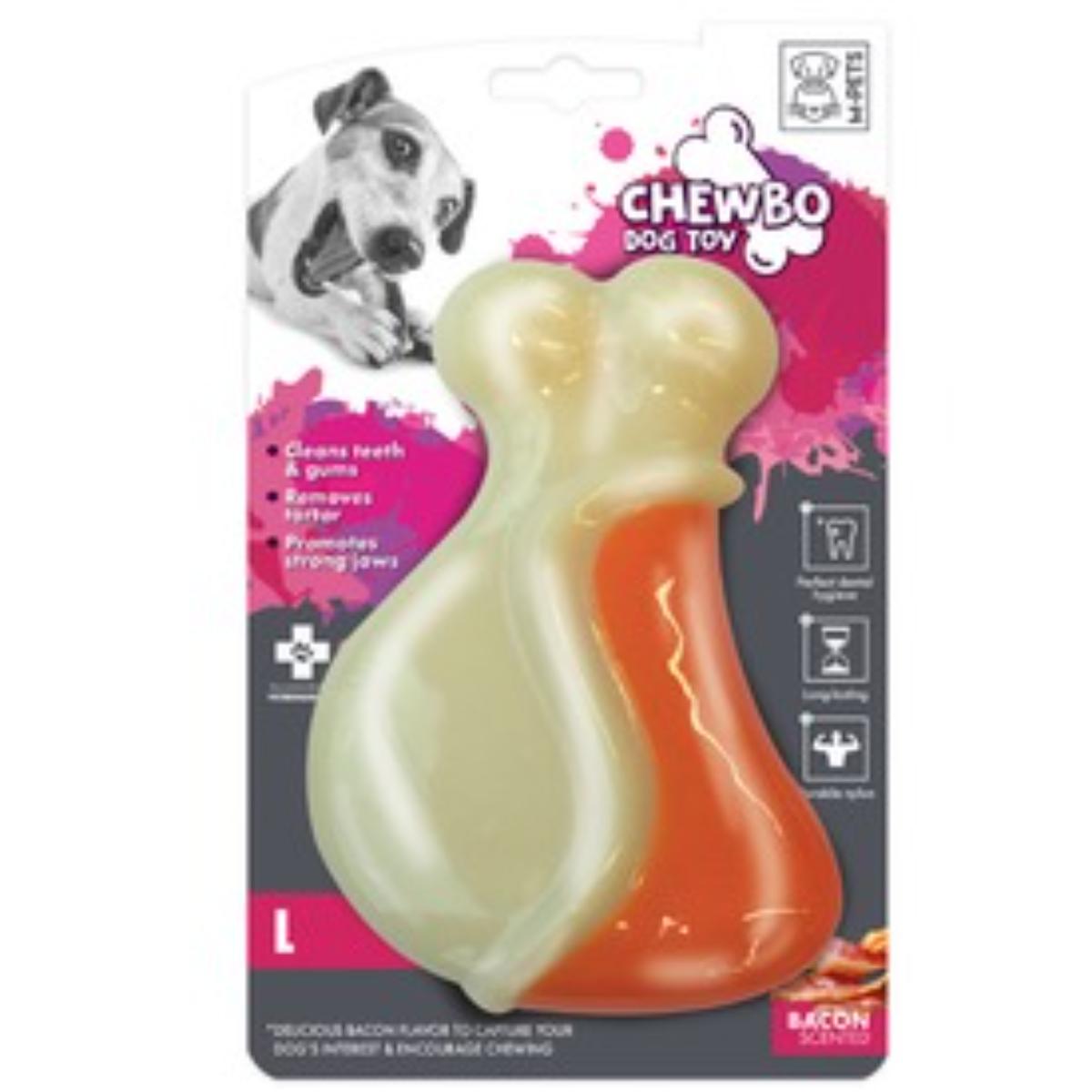 M-PETS Chewbo Leg, jucărie de ros, aromă Bacon, câini, dentiție, cauciuc M-PETS Chewbo Leg, jucărie de ros, aromă Bacon, câini M-L, dentiție, cauciuc, alb și portocaliu, 9.3cm - poza 1