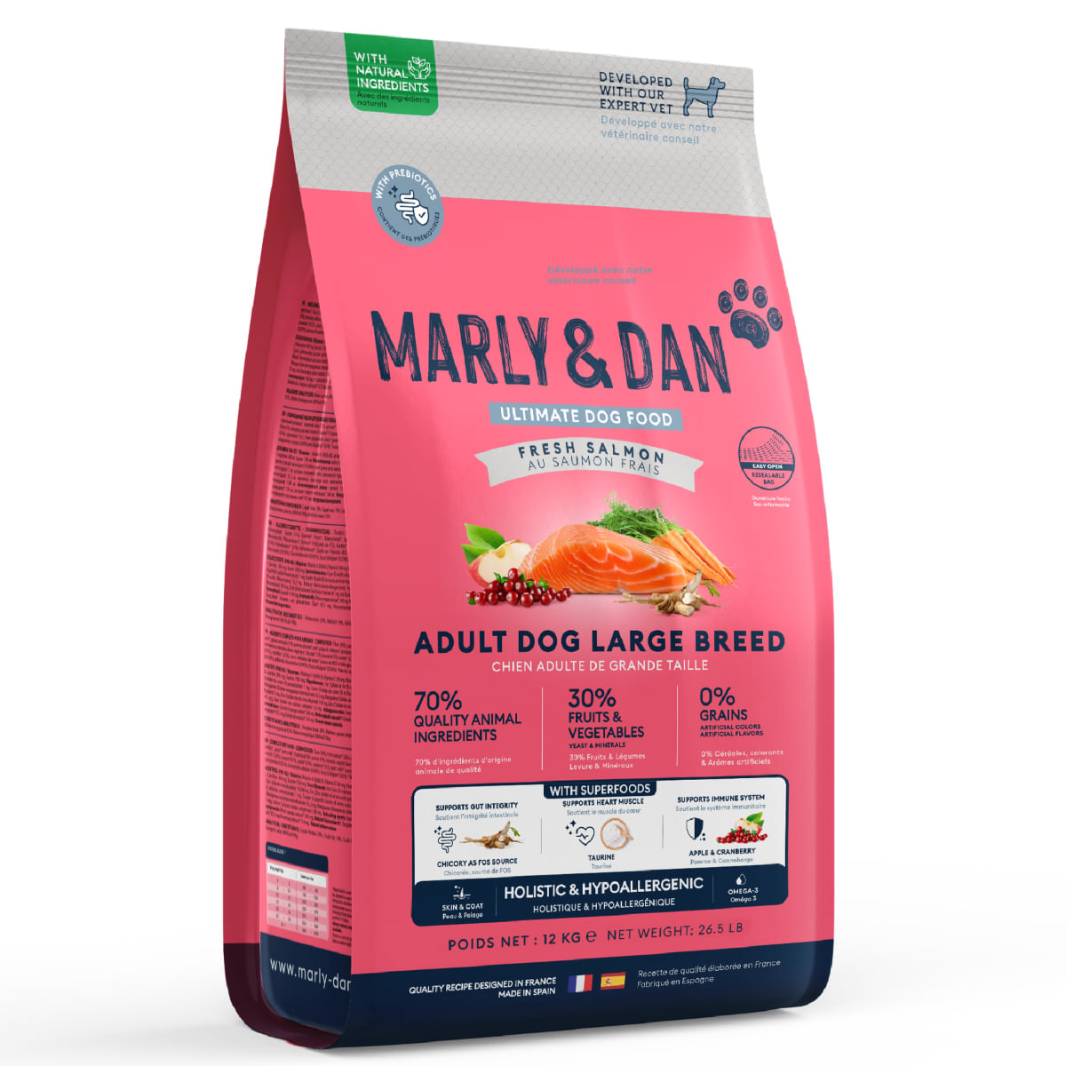 MARLY&DAN Adult Large Breed, L-XL, Somon, hrană uscată fără cereale câini, 12kg - poza 1