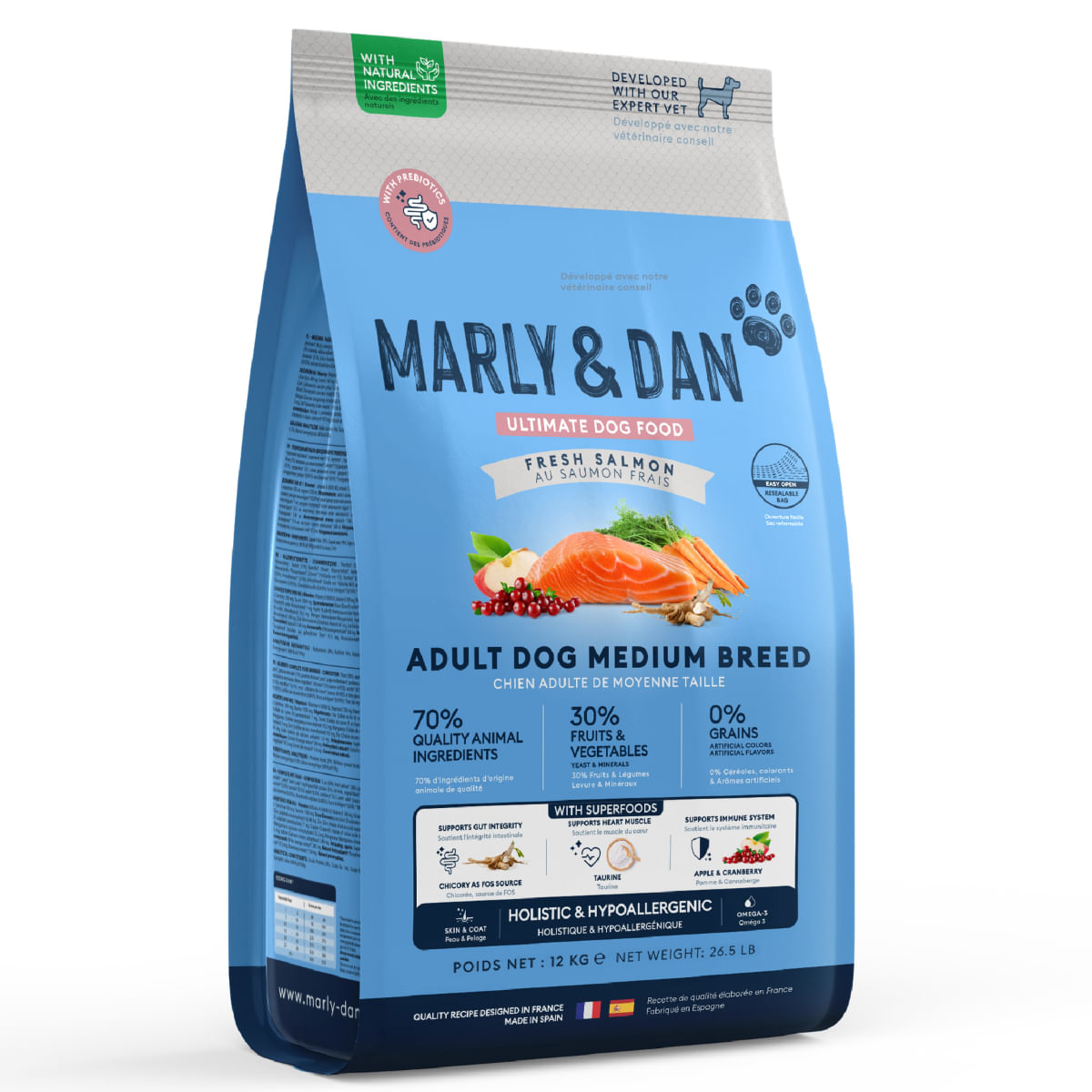 MARLY&DAN Adult Medium Breed, M, Somon, hrană uscată fără cereale câini, 4kg - poza 1