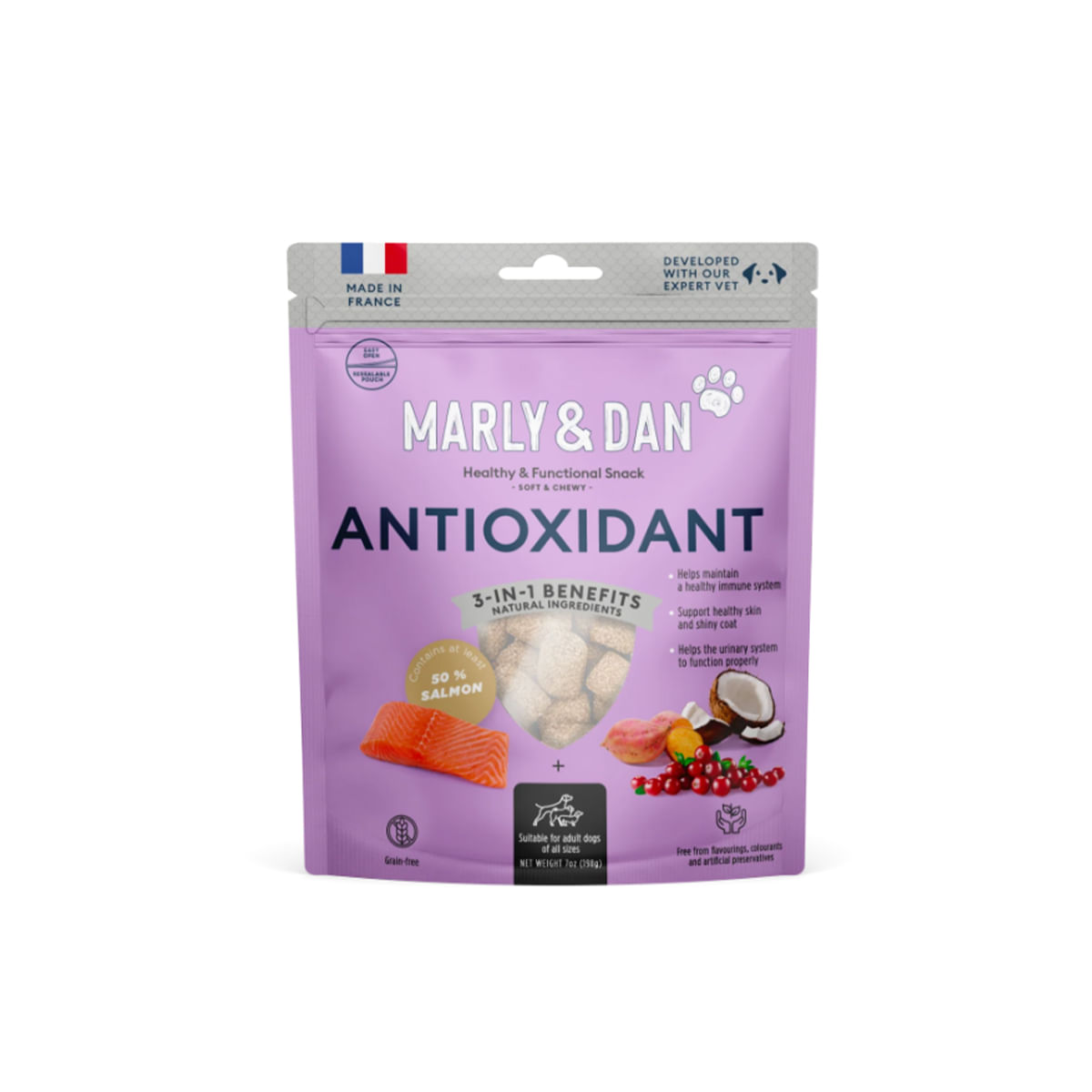MARLY&DAN Antioxidant, XS-XL, Somon, punguță recompense funcționale fără cereale câini, activitate intensă, 100g - poza 2
