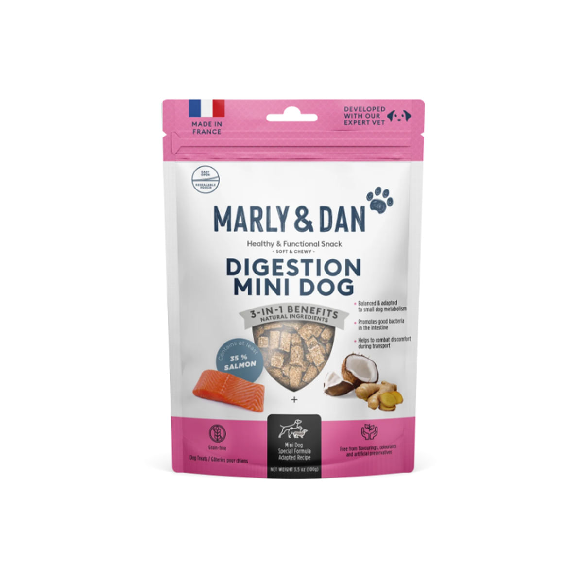 MARLY&DAN Digestion Mini Dog, XS-S, Somon, punguță recompense funcționale fără cereale câini, sistem digestiv, 50g