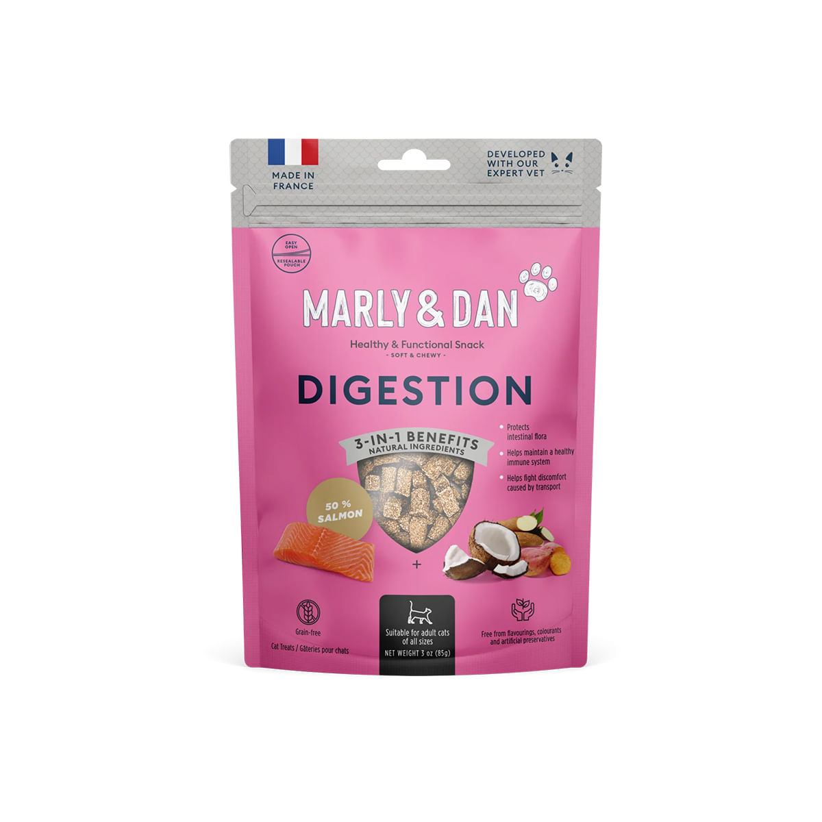 MARLY&DAN Digestion, Somon, punguță recompense funcționale fără cereale pisici, sistem digestiv, 40g - poza 1