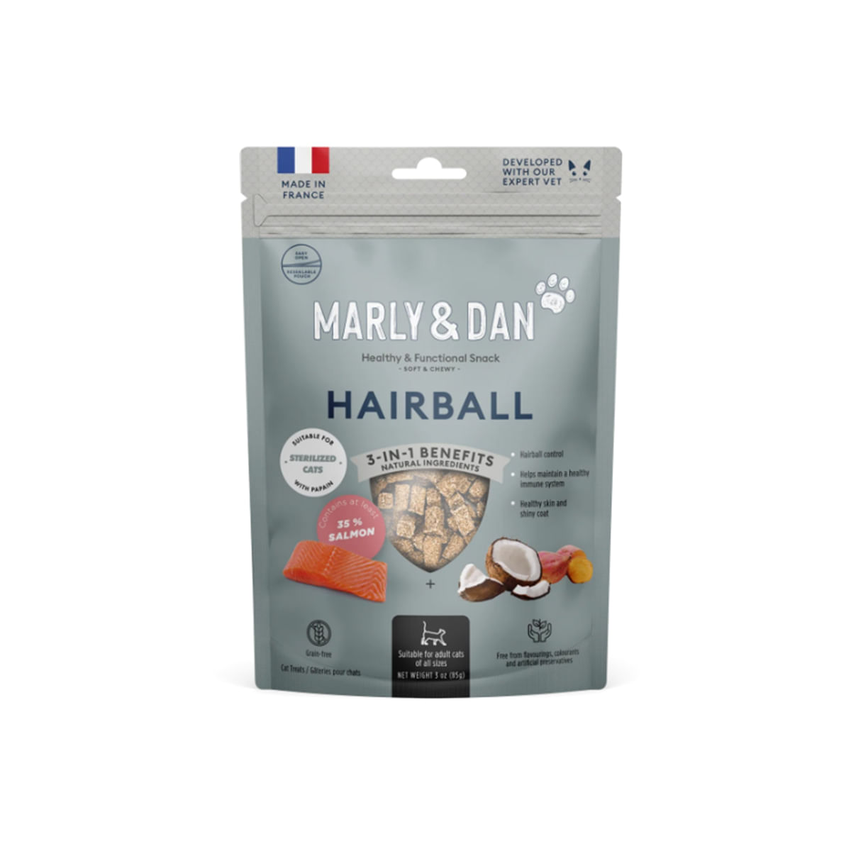 MARLY&DAN Hairball, Somon, punguță recompense funcționale fără cereale pisici sterilizate, limitarea ghemurilor de blană, 40g - poza 1