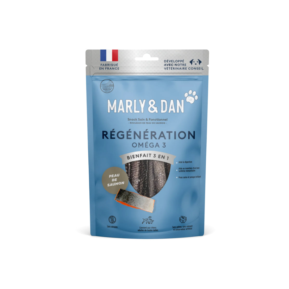 MARLY&DAN Regeneration Omega3 Salmon Skin, XS-XL, Somon, punguță recompense funcționale monoproteice fără cereale câini, piele & blană, 60g