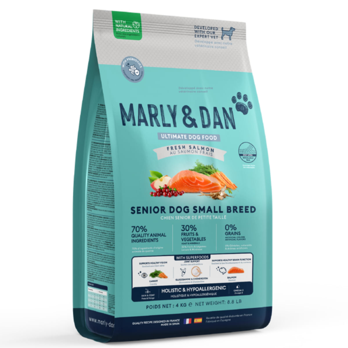 MARLY&DAN Senior Small Breed, XS-S, Somon, hrană uscată fără cereale câini senior, 4kg