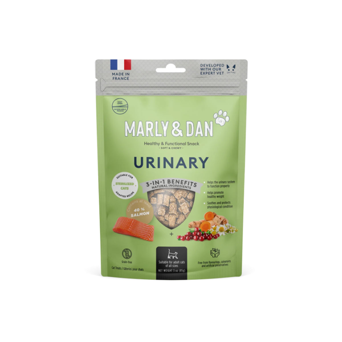 MARLY&DAN Urinary, Somon, punguță recompense funcționale fără cereale pisici sterilizate, sistem urinar, 40g - poza 1