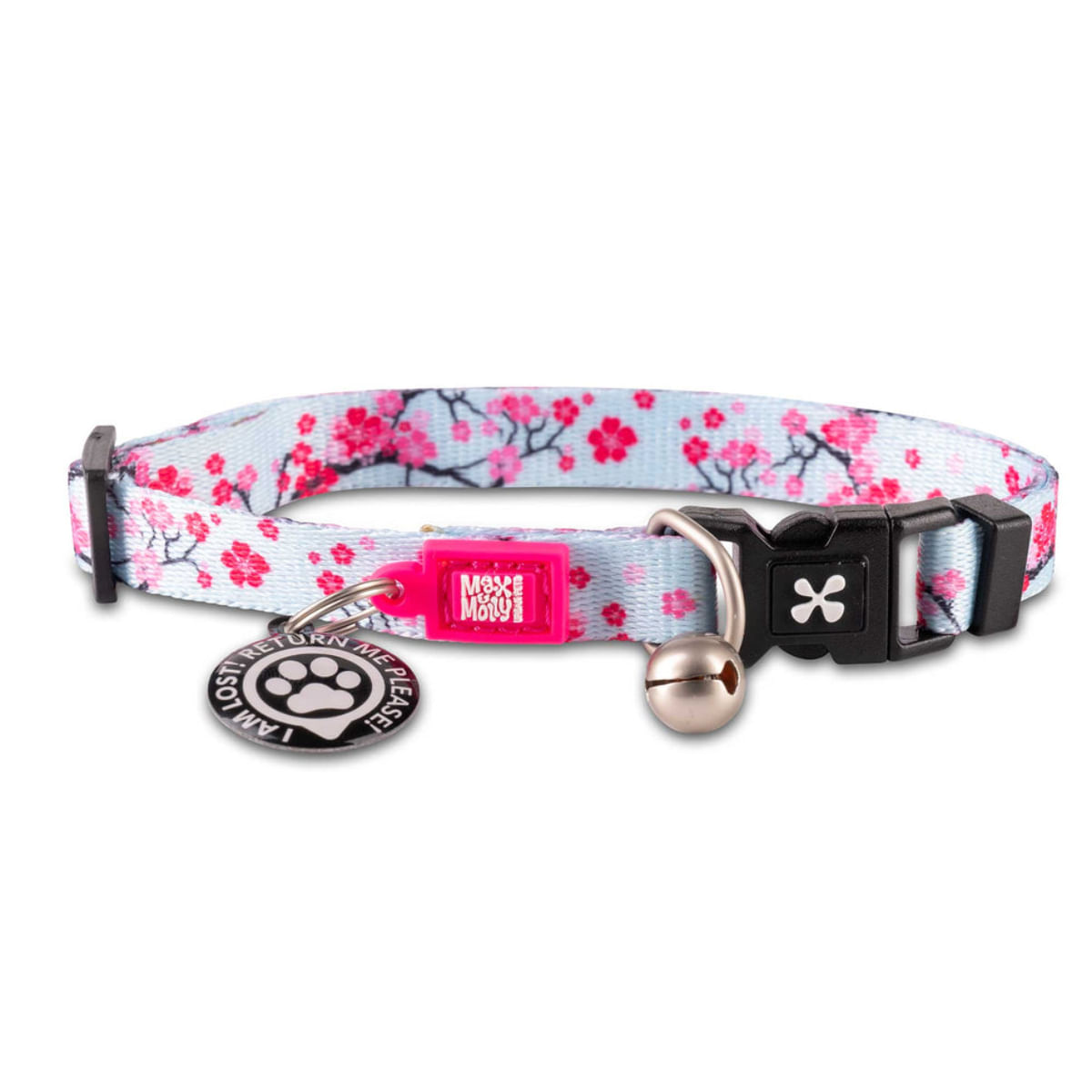 MAX & MOLLY Smart ID Cherry Bloom, zgardă pisici, ajustabilă, poliester, bleu și roz, cataramă trident, 22-35 x 1cm
