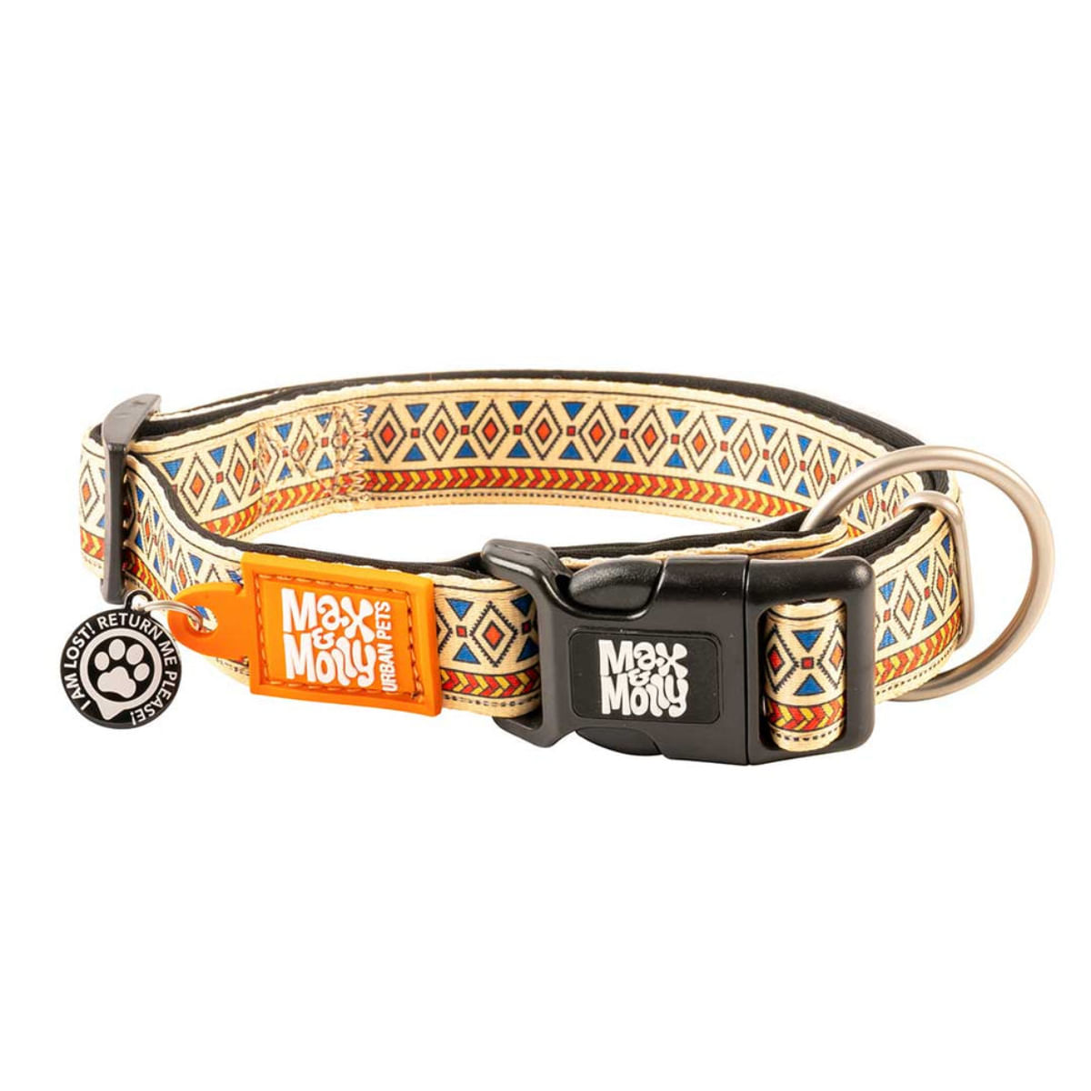 MAX & MOLLY Smart ID Ethnic, zgardă câini, ajustabilă, poliester, bej, cataramă trident, S(28-45 x 1.5cm) - poza 2