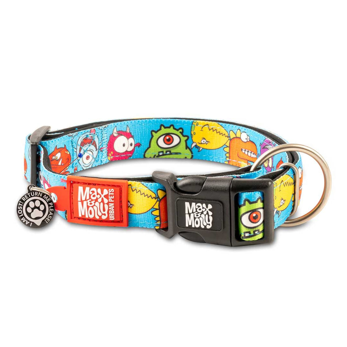 MAX & MOLLY Smart ID Little Monsters, zgardă câini, ajustabilă, poliester, albastru, cataramă trident, M(34-55 x 2cm) - poza 3