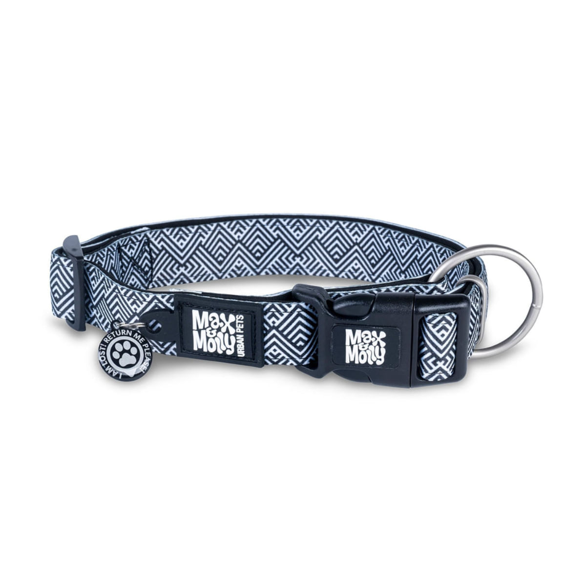 MAX & MOLLY Smart ID Mykonos Black, zgardă câini, ajustabilă, poliester, alb și negru, cataramă trident, L(39-62 x 2.5cm)