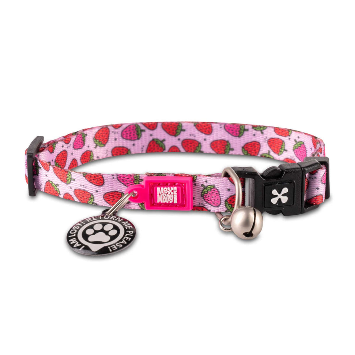 MAX & MOLLY Smart ID Strawberry Dream, zgardă pisici, ajustabilă, poliester, roz și roșu, cataramă trident, 22-35 x 1cm - poza 2