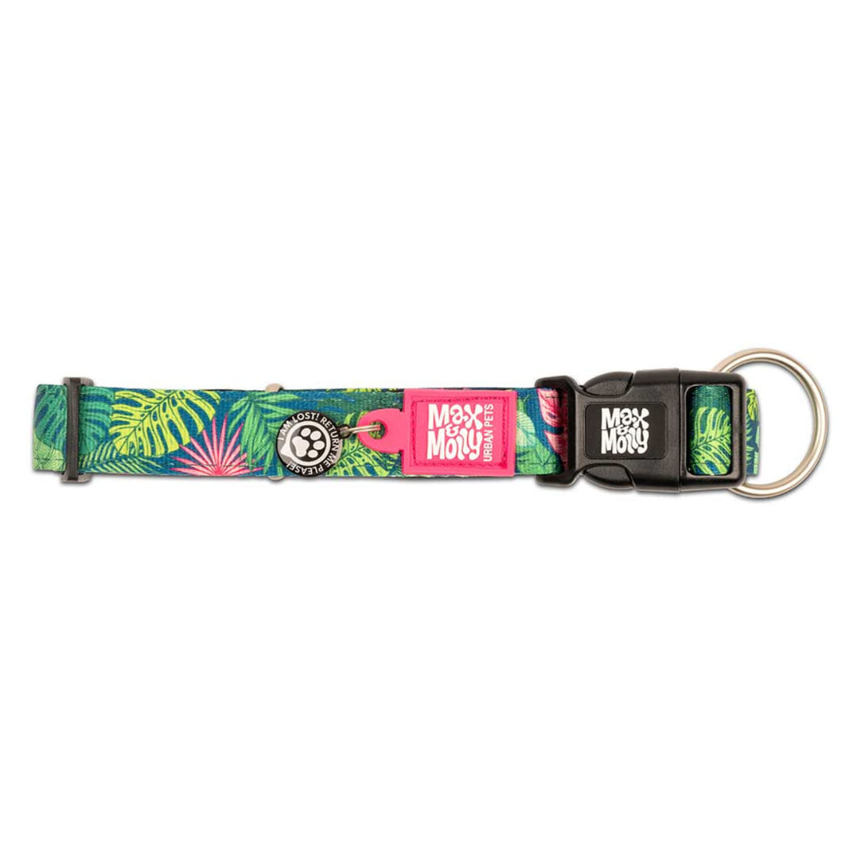 MAX & MOLLY Smart ID Tropical, zgardă câini, ajustabilă, poliester, verde multicolor, cataramă trident, M(34-55 x 2cm) - poza 4