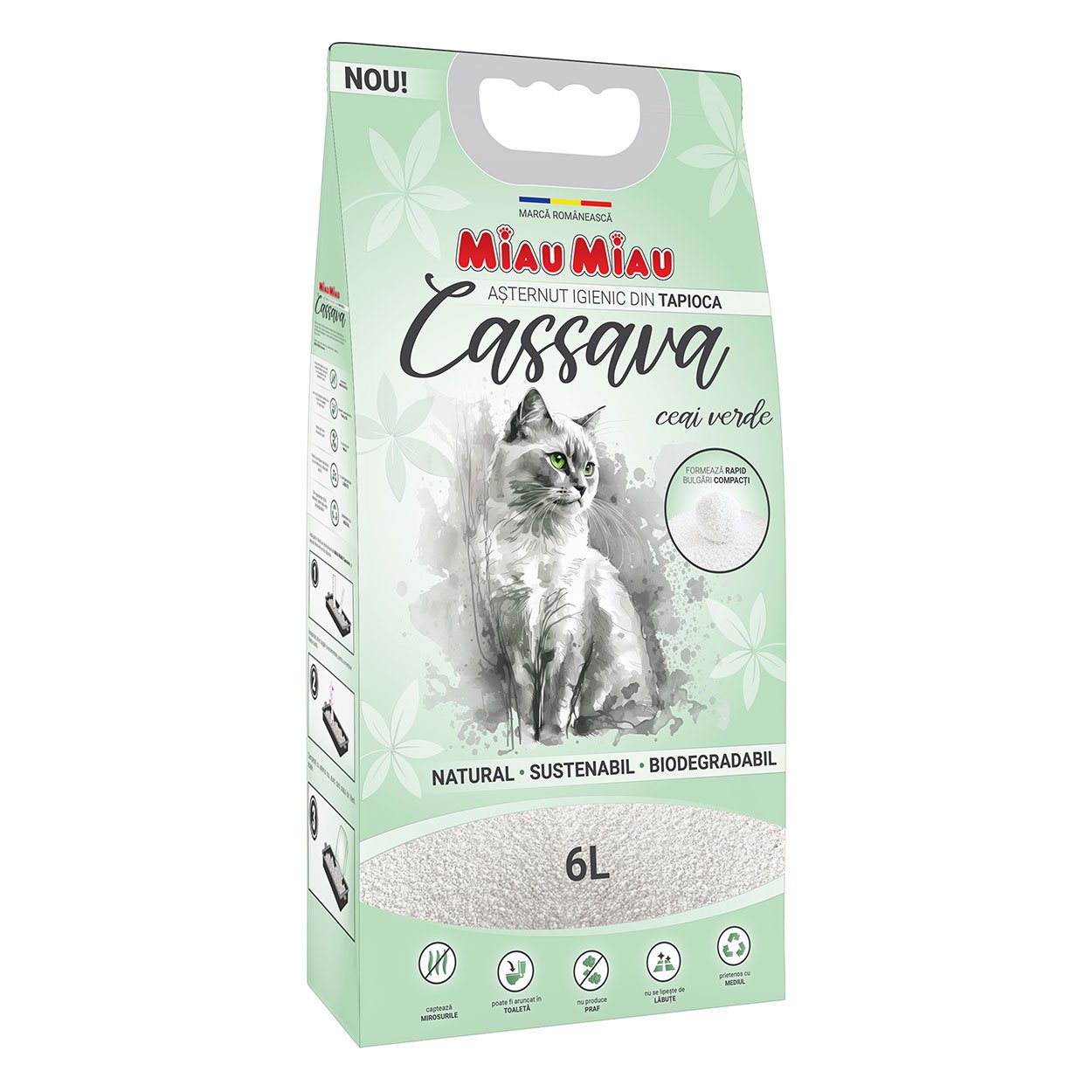MIAU MIAU Cassava, ceai verde, așternut igienic pisici, granule, tapioca, aglomerant, ecologic, biodegradabil, 6l MIAU MIAU Cassava, neparfumat, așternut igienic pisici, granule, tapioca, aglomerant, ecologic, biodegradabil, 6l - poza 2
