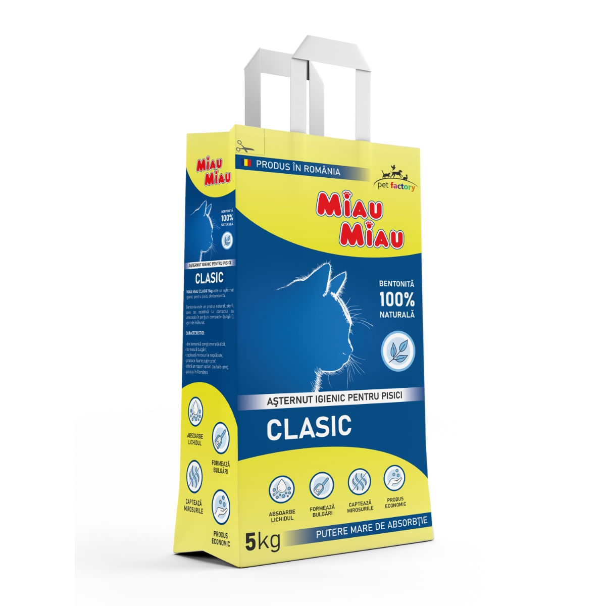 MIAU MIAU Clasic, neparfumat, așternut igienic pisici, granule, bentonită, aglomerant, neutralizare mirosuri, 5kg - poza 1