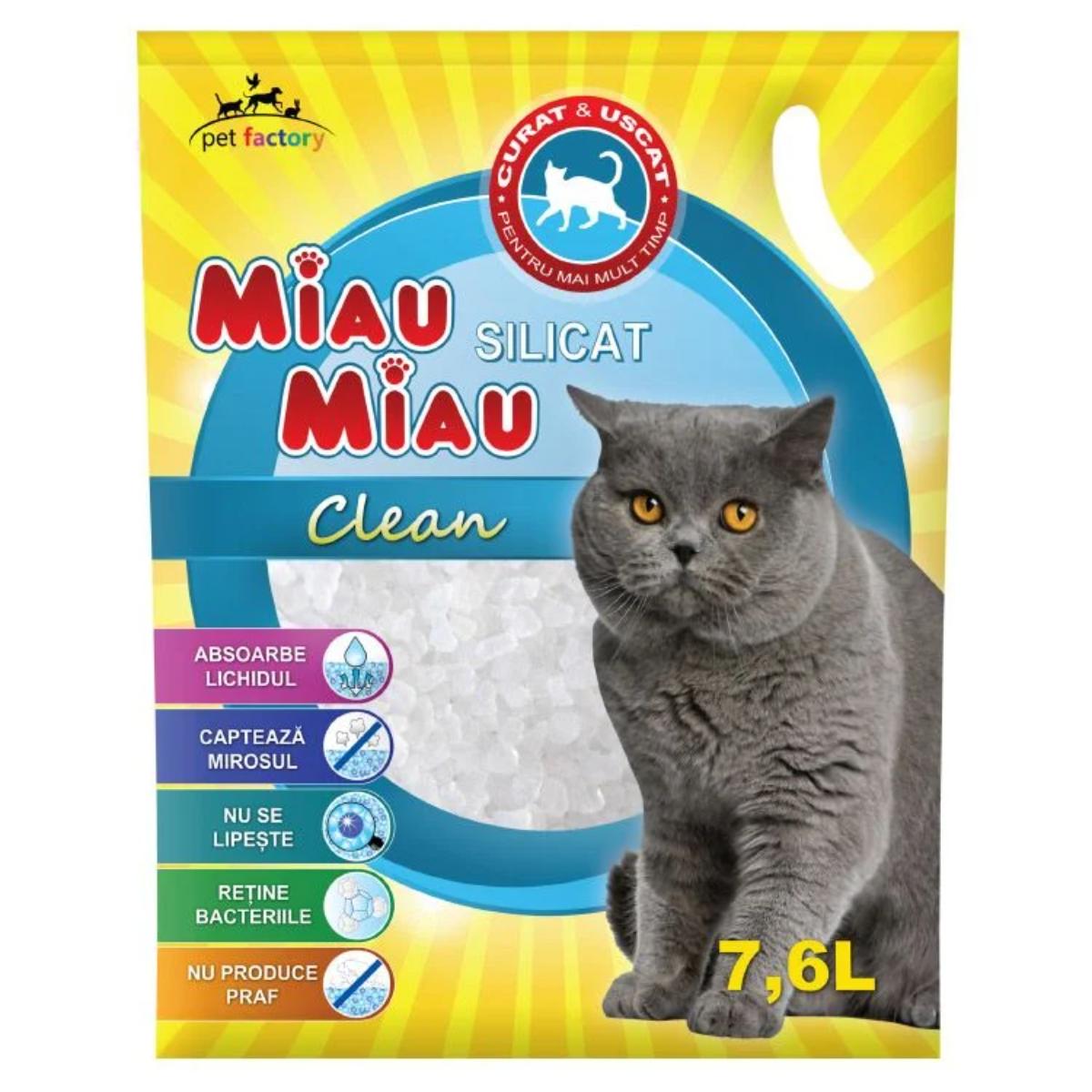 MIAU MIAU Clean, neparfumat, așternut igienic pisici, granule, silicat, neaglomerant, neutralizare mirosuri, 7.6l - poza 1