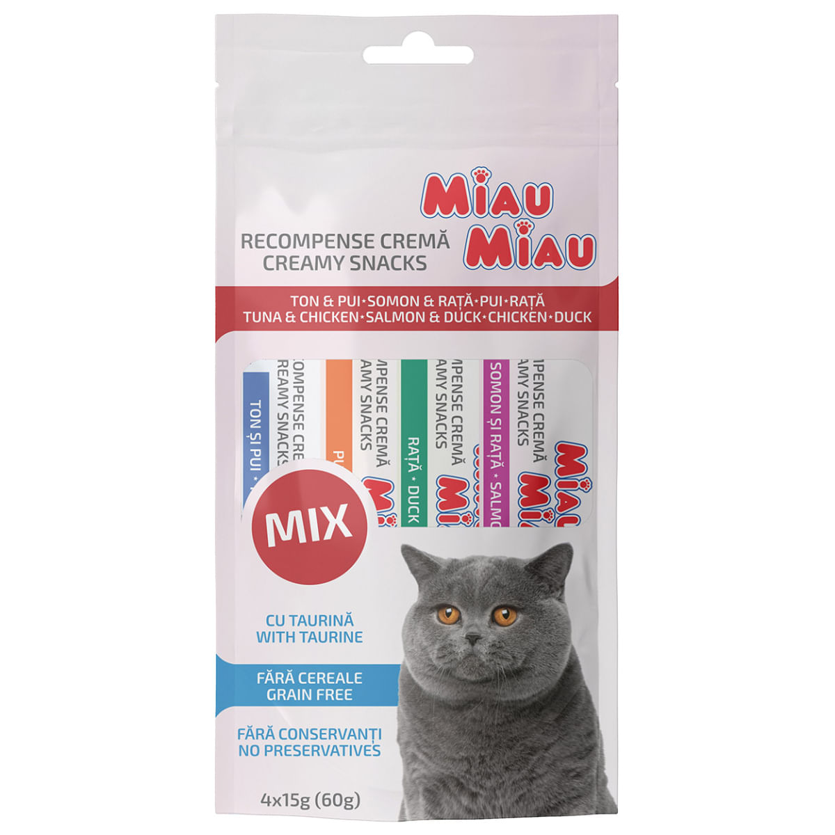 MIAU MIAU Creamy Snacks Mix Ton, Pui, Somon și Rață, recompense fără cereale pisici, (piure), 60g - poza 1
