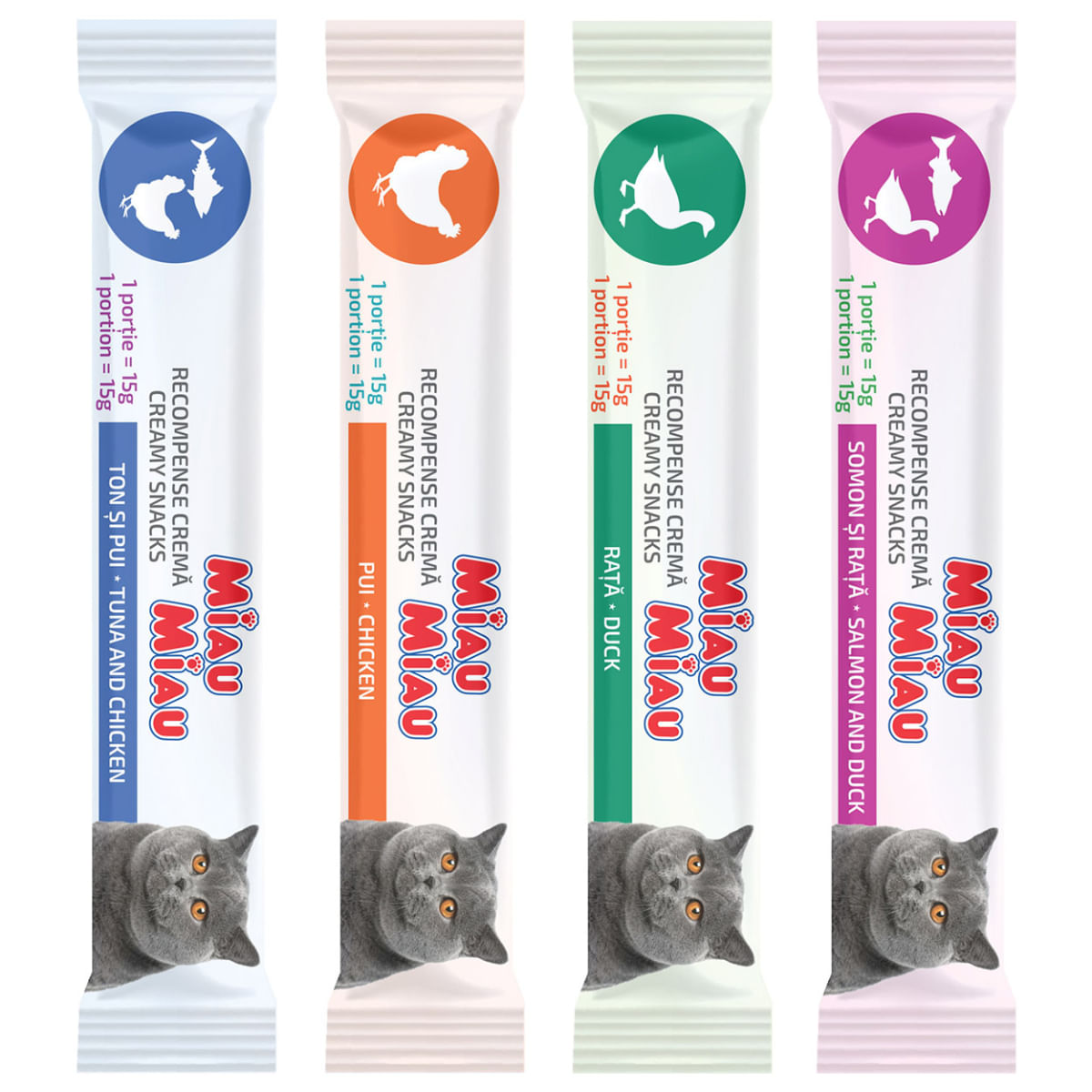 MIAU MIAU Creamy Snacks Mix Ton, Pui, Somon și Rață, recompense fără cereale pisici, (piure), 60g - poza 3