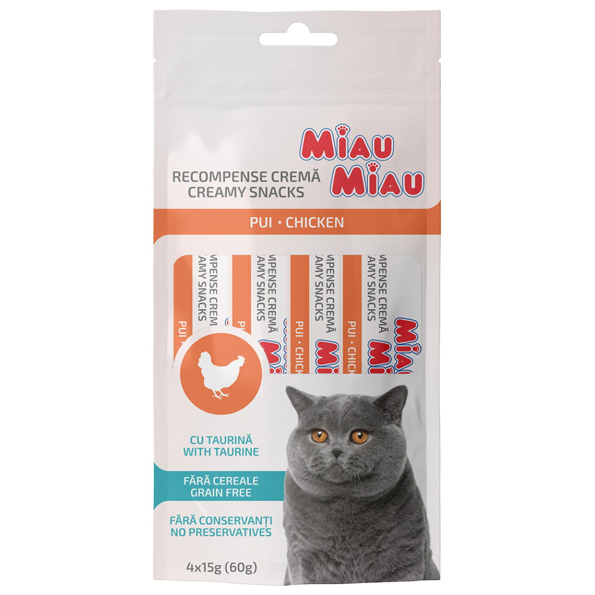 MIAU MIAU Creamy Snacks, Pui, recompense fără cereale pisici, (piure), 60g - poza 1