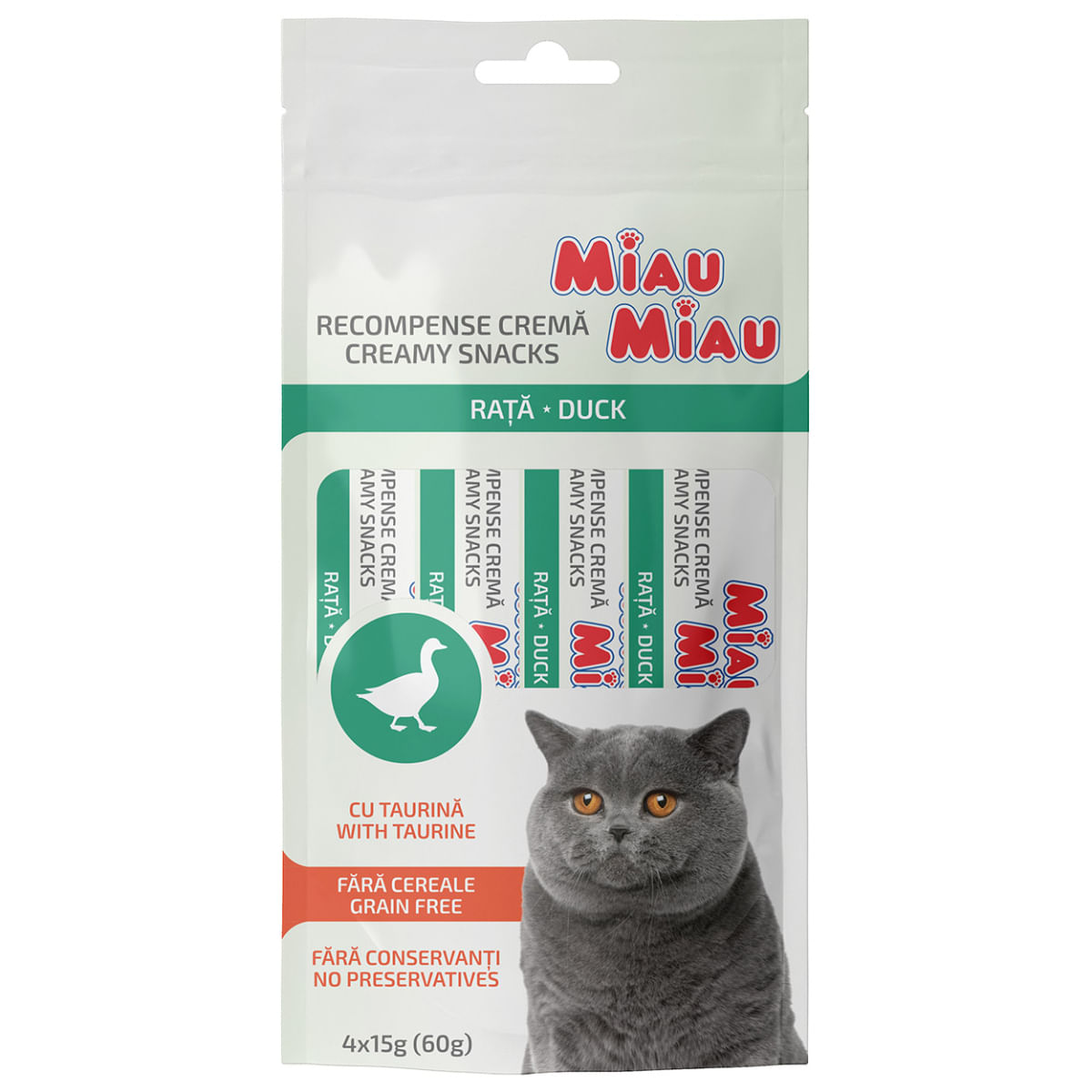 MIAU MIAU Creamy Snacks, Rață, recompense fără cereale pisici, (piure), 60g - poza 1