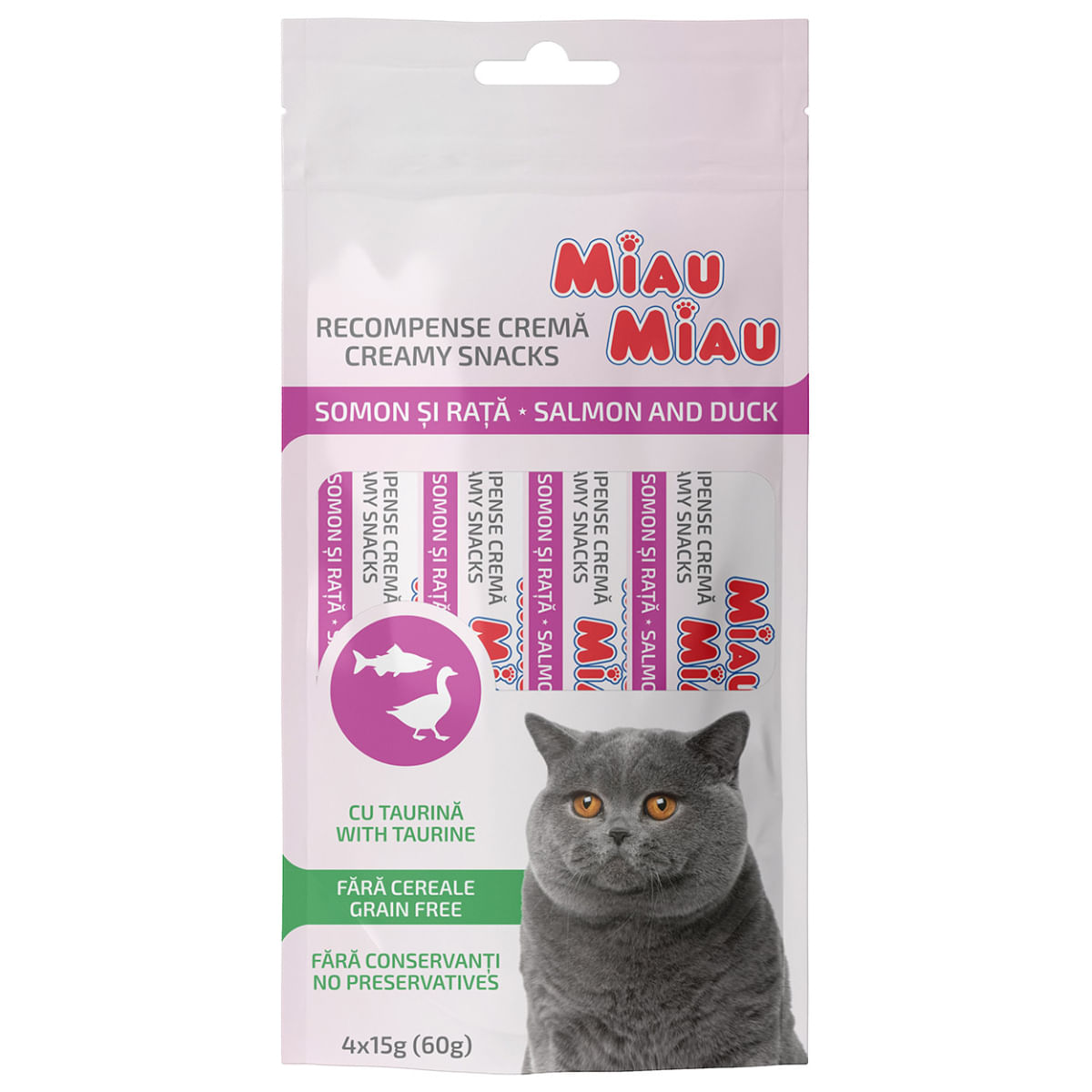 MIAU MIAU Creamy Snacks, Somon și Rață, recompense fără cereale pisici, (piure), 60g - poza 2
