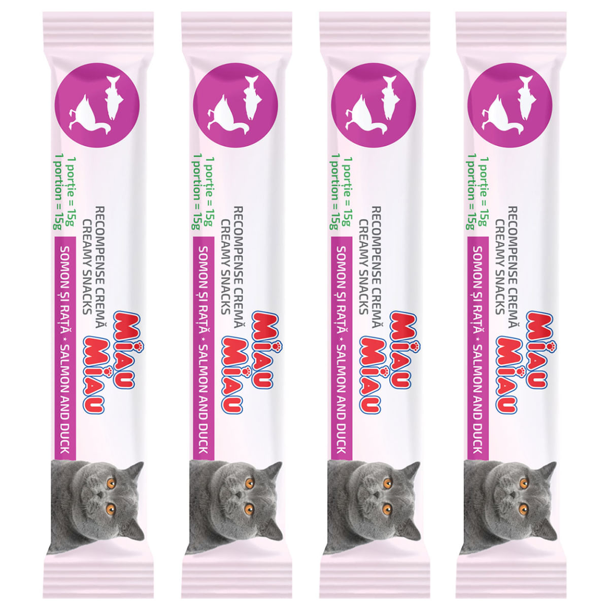 MIAU MIAU Creamy Snacks, Somon și Rață, recompense fără cereale pisici, (piure), 60g - poza 3