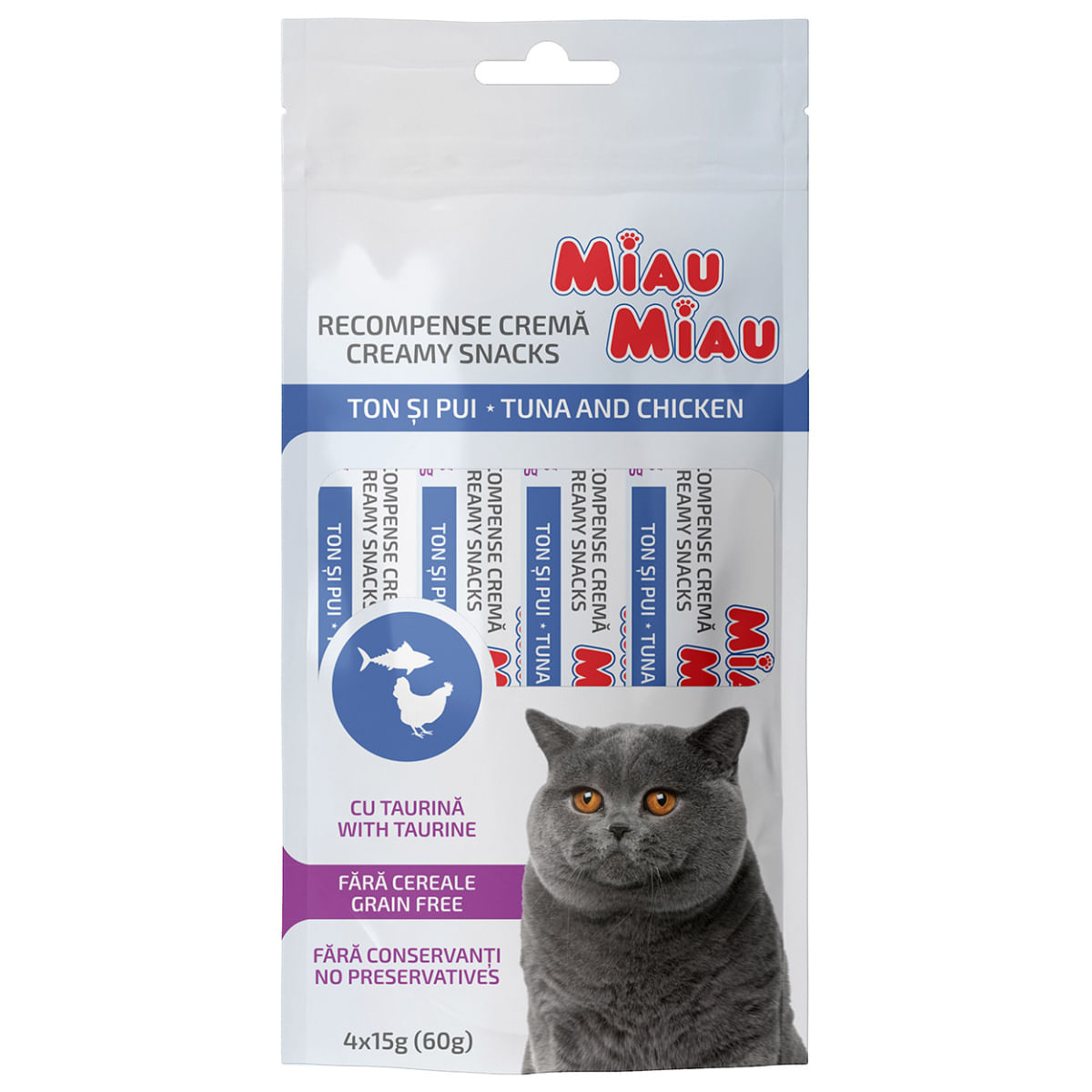MIAU MIAU Creamy Snacks, Ton și Pui, recompense fără cereale pisici, (piure), 60g - poza 1