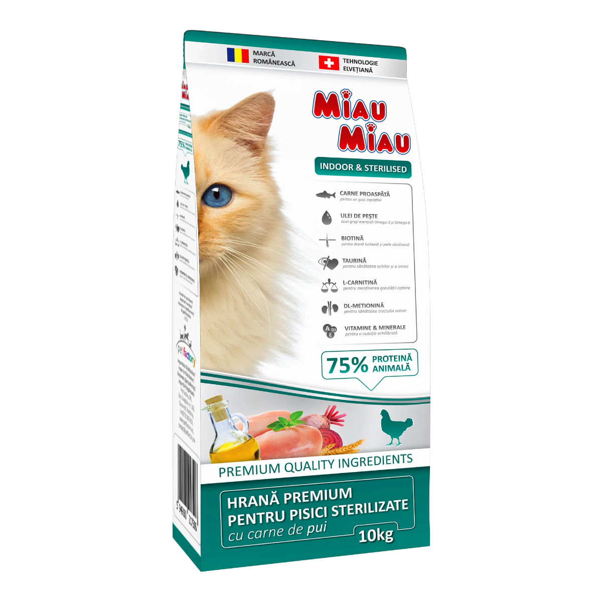 MIAU MIAU Indoor & Sterilised, Pui, hrană uscată pisici sterilizate, 10kg - poza 1